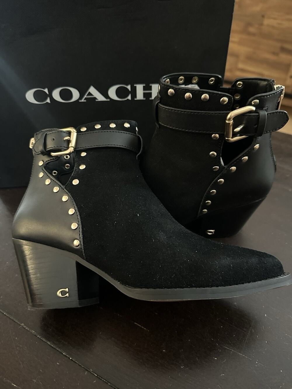 Coach Petra Black Suede Leather Studded Ankle Bootie Block Heel Boots Size 7C